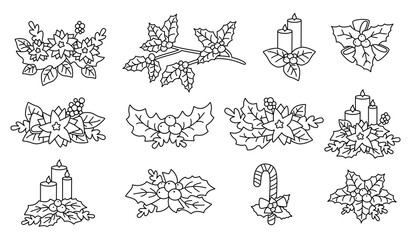 Christmas poinsettia, holly, candle set. Linear Flat cartoon design elements. New year and christmas outline composition. Berries and candy, flower collection, with stars. Isolated vector illustration