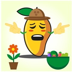 Cute half mango fire fighter cartoon character holding two axes design