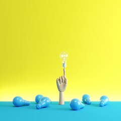 Wood hand Finger point to One Lighting bulb among blue light bulbs on floor. Business Creative Idea. 3D Render.