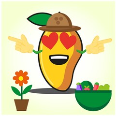 Cute half mango fire fighter cartoon character holding two axes design