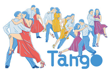 Young couple passionately dancing tango. Vector illustration