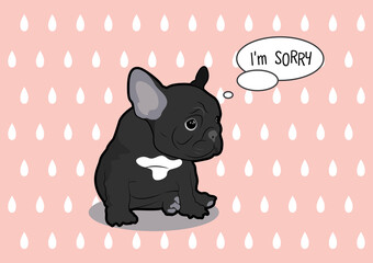 French Bulldog Feels Guilty and sits on the pink teardrop background.