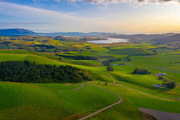 Aerial view of lake Waihola in New Zealand
