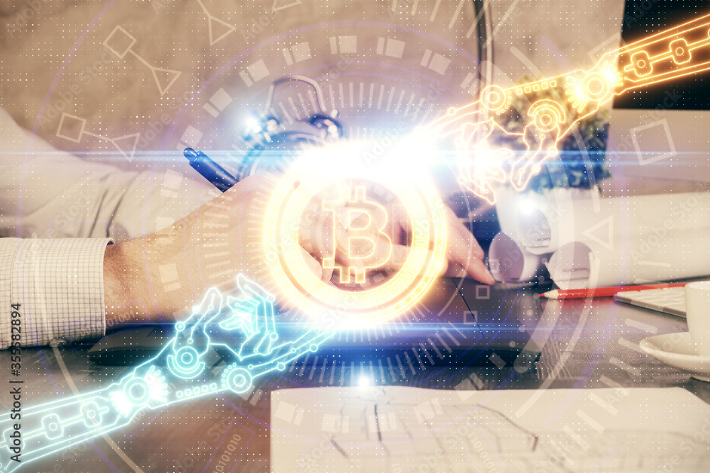 Poster double exposure of man's hands holding and using a phone and crypto currency blockchain theme drawin