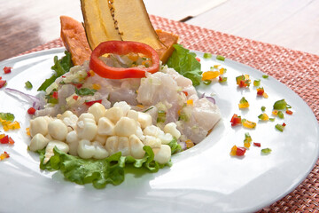 Tiradito ceviche peruano, plato peruano de pescado crudo, carpaccio