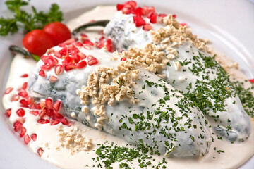 chiles rellenos, plato de chiles en Nogada cocina tradicional mexicana de Puebla México