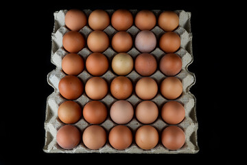 Chicken eggs in the egg tray isolated on the black background. Top view.