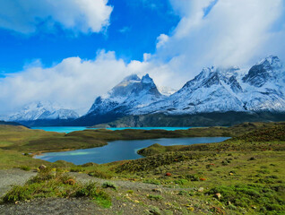 Lake and mountains in Torres del Paine National Park in the Chilean Patagonia