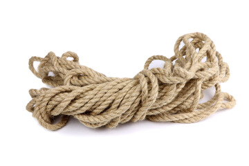 A jute rope isolated on a white background. A hemp rope. A linen cord isolated