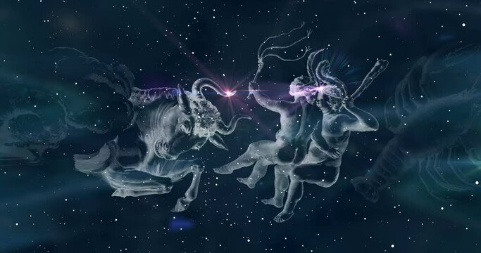 Astrological sign. Horoscope. Zodiac signs - Aries, Taurus, Gemini, Cancer, Leo, Virgo, Libra, Scorpio, Sagittarius, Capricorn, Aquarius, Pisces replace each other in the night sky. Animation looping.