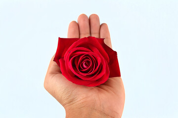 Hand holding red rose isolated on white background.