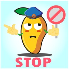 Cute Mango police cartoon character with police hat, hands pointing and stop sign design