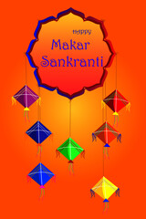 Happy Makar Sankranti festival celebration in India. Kites is rainbow colorful on orange background. Text design in paper floral.