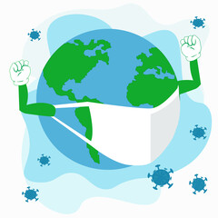 illustration vector graphic of strong earth while wearing mask for protect its self from corona virus.