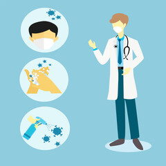 illustration vector graphic of the doctor give the health suggestion or tips for self protect from corona virus like wearing mask, wash hand and using disinfectant.