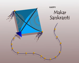 Makar Sankranti festival of India/Greeting card of design with draw artistic in kite cerulean blue color.