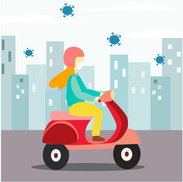 
illustration fashion graphic of girl ride  motorcycle while wearing mask for herd immunity. perfect for self protect from preventing the spread of corona virus.
