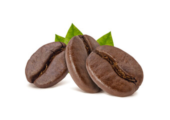 Roasted coffee beans with coffee leaves studio shot isolated on white background, Healthy products by organic natural ingredients concept