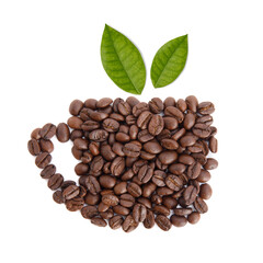 Roasted coffee beans with coffee leaves in the shape of a cup studio shot isolated on white background, Healthy products by organic natural ingredients concept