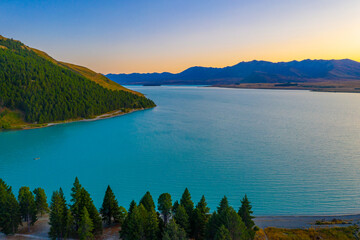 Sunset view of lake Tekapo in New Zealand