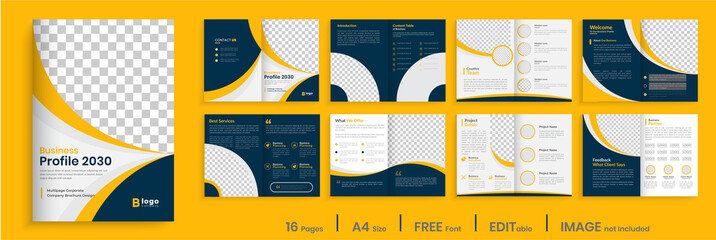 Fototapeta Orange business brochure template layout design, 16 page corporate brochure editable template layout, minimal business brochure template design. obraz