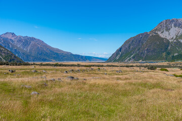 Valley leading to lake Pukaki in Aoraki / Mount Cook national park in New Zealand