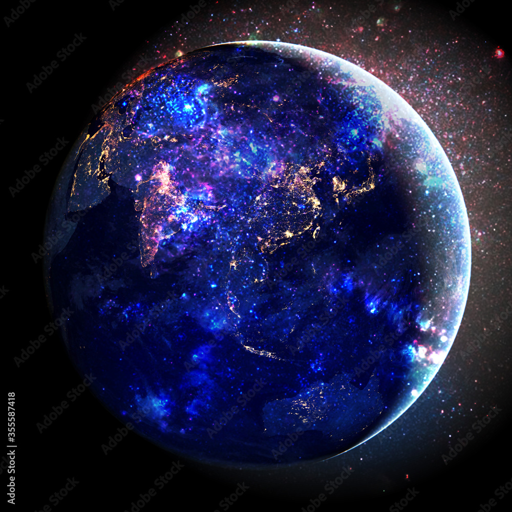 Poster digital image of distant solar system showing global technology networks. elements of this image fur