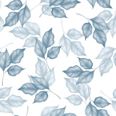 Seamless leaves pattern. Background with blue leaves on white