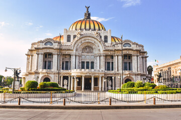 view of the Palacio de Bellas Artes or Palace of Fine Arts, a famous theater, museum and music venue in Mexico City - obrazy, fototapety, plakaty
