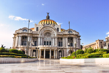 view of the Palacio de Bellas Artes or Palace of Fine Arts, a famous theater, museum and music venue in Mexico City - obrazy, fototapety, plakaty