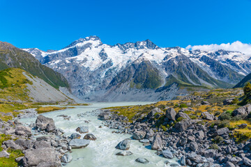 Mount Sefton viewed behind Mueller lake in New Zealand
