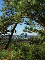 View from the Lantern Hill hiking trail with Foxwoods Resort Casino in Mashantucket, Connecticut seen through the trees