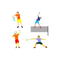 flat vector illustration badminton player. high and low service, smash, beat shuttlecock