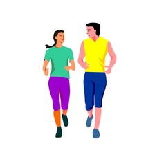 flat vector illustration couple run together. Man and Woman jogging in the park in morning day