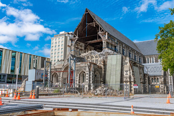View of collapsed cathedral in Christchurch, New Zealand - Powered by Adobe