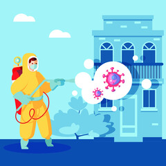 Man in hazmat. Protective suit, gas mask and gas cylinder for disinfection coronavirus. Toxic and chemicals protection. Spraying pesticides. Biological precaution. Vector illustration flat design.