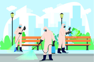 specialist in hazmat suit cleaning disinfecting coronavirus cells epidemic MERS-CoV office interior wuhan 2019-nCoV pandemic health risk full length horizontal vector illustration