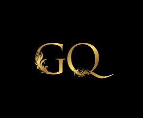 Classy Gold letter G, Q and GQ Vintage decorative ornament letter stamp, wedding logo, classy letter logo icon.