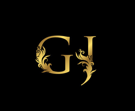 Classy Gold letter G, J and GJ Vintage decorative ornament letter stamp, wedding logo, classy letter logo icon.