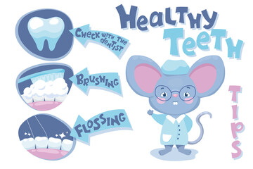 Healthy teeth banner with mouth hygiene tips and cute mouse doctor. Children dentist poster