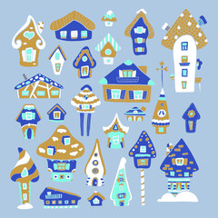 Doodle house vector illustration. Golden blue winter seasonal print. Kids nursery poster. Advent calendar template