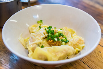 Vegetable & Pork Wontons with spicy sauce and green onion.