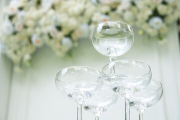 Tower of champagne in wedding ceremony
