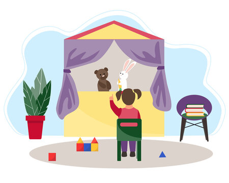 Quarantine With A Child. Mother Communicates And Plays With Her Daughter In A Puppet Theater. Games At Home. Flat Style Vector Illustration