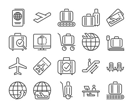 Airport Icons. Airport And Air Travel Line Icon Set. Vector Illustration. Editable Stroke.