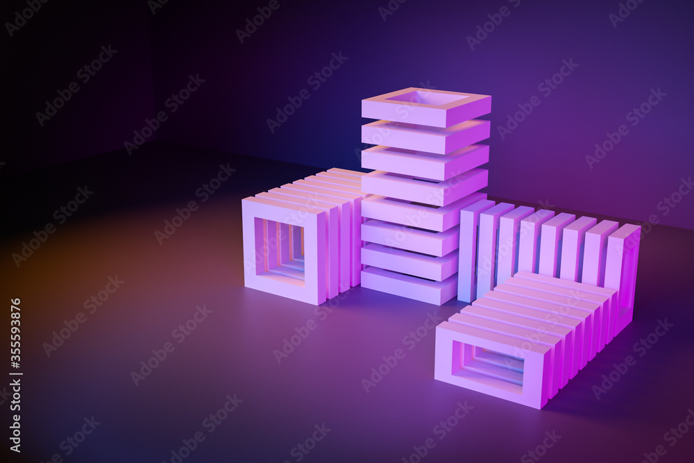 Poster close-up 3d neon illustration. 3 render pink pallets arranged in a different overview on a dark back