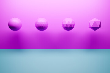 3d monochrome pink illustration: a row of winged balls with many faces. Simple geometric shapes in a row.