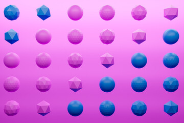 3d monochrome pink and blue  illustration: a row of winged balls  with many faces polygones. Simple geometric shapes in a row.
