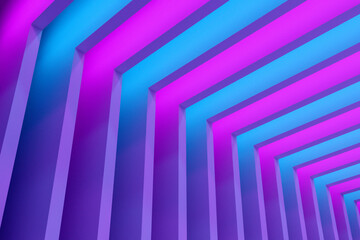 Close-up 3d neon illustration. Geometric arch of blue and pink neon frames. Simple geometric shapes in a row.