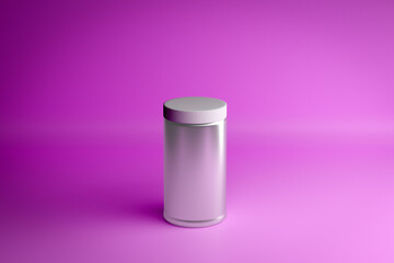 Close-up 3d neon illustration. Glass jar with a screw cap on a pink background. Minimalistic render with a gray cylinder